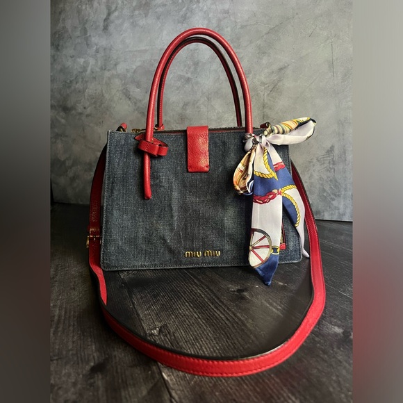 Miu Miu Handbags - ❌Sold ❌Miu Miu denim and red leather bag | From Prada Japan